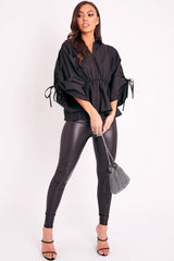 Black Ruched Waist Plunge Neckline Kimono Sleeve Shirt - Eilene-Shirts