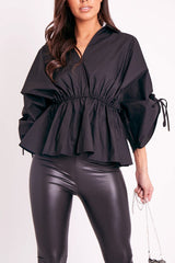 Black Ruched Waist Plunge Neckline Kimono Sleeve Shirt - Eilene-Shirts