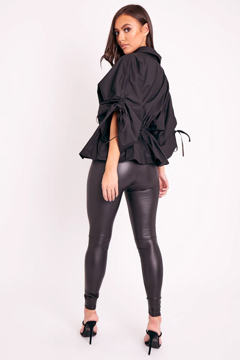 Black Ruched Waist Plunge Neckline Kimono Sleeve Shirt - Eilene-Shirts