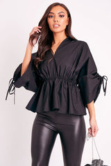 Black Ruched Waist Plunge Neckline Kimono Sleeve Shirt - Eilene-Shirts