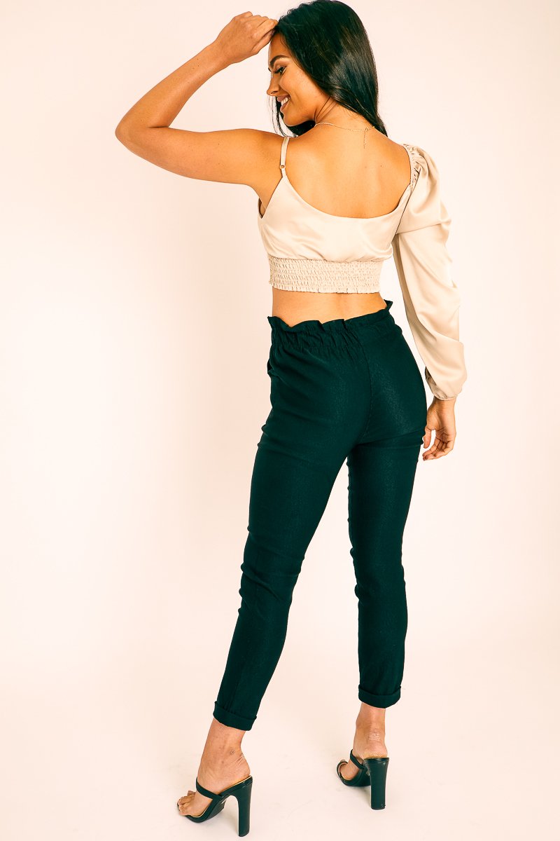 Black Ruched Waist Tapered Leg Trousers - Lovina-Trousers