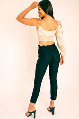 Black Ruched Waist Tapered Leg Trousers - Lovina-Trousers