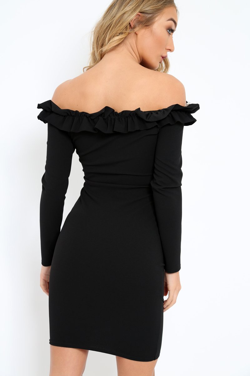 Black Ruffle Bardot Bodycon Dress - Alix-Dresses