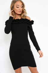 Black Ruffle Bardot Bodycon Dress - Alix-Dresses