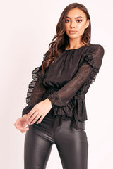 Black Ruffle Belted Waist Metallic Finish Blouse - Betsey-Blouse