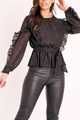 Black Ruffle Belted Waist Metallic Finish Blouse - Betsey-Blouse