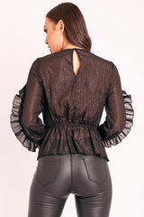 Black Ruffle Belted Waist Metallic Finish Blouse - Betsey-Blouse