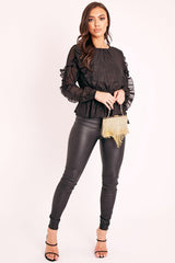 Black Ruffle Belted Waist Metallic Finish Blouse - Betsey-Blouse