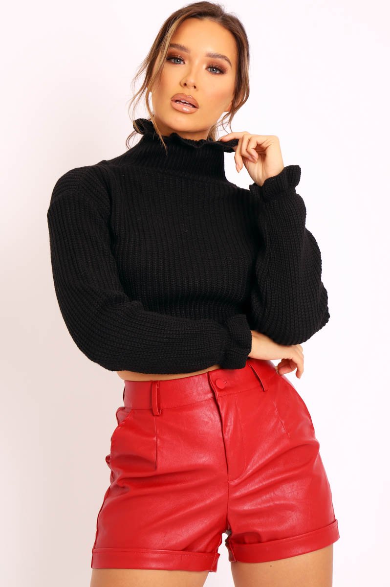 Black Ruffle Hem Chunky Knit Crop Jumper - Alannah-Crop Jumper