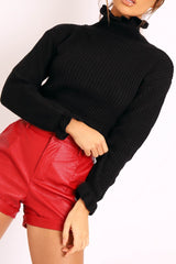 Black Ruffle Hem Chunky Knit Crop Jumper - Alannah-Crop Jumper