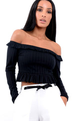 Black Ruffle Hem Ribbed Bardot Crop Top - Kaitlyn-Crop Tops