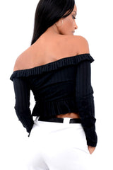 Black Ruffle Hem Ribbed Bardot Crop Top - Kaitlyn-Crop Tops