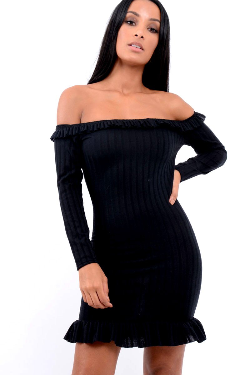 Black Ruffle Hem Ribbed Bardot Mini Dress - Destiny-Dresses