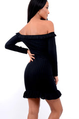Black Ruffle Hem Ribbed Bardot Mini Dress - Destiny-Dresses