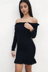 Black Ruffle Hem Ribbed Bardot Mini Dress - Destiny-Dresses