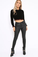 Black Ruffle Hem With Stripe Trim Chunky Knit Crop Jumper - Alannah-Crop Jumper
