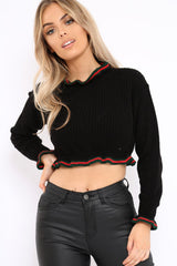 Black Ruffle Hem With Stripe Trim Chunky Knit Crop Jumper - Alannah-Crop Jumper