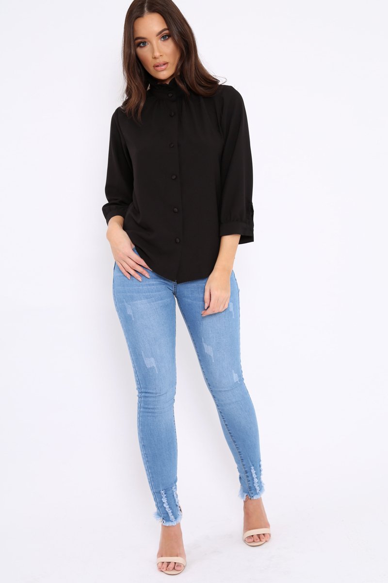 Black Ruffle Neck Blouse with Cut out Back - Amelie-Tops