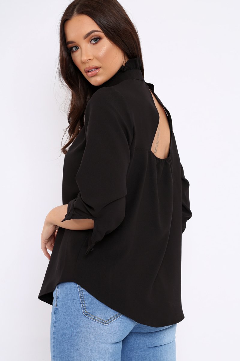 Black Ruffle Neck Blouse with Cut out Back - Amelie-Tops