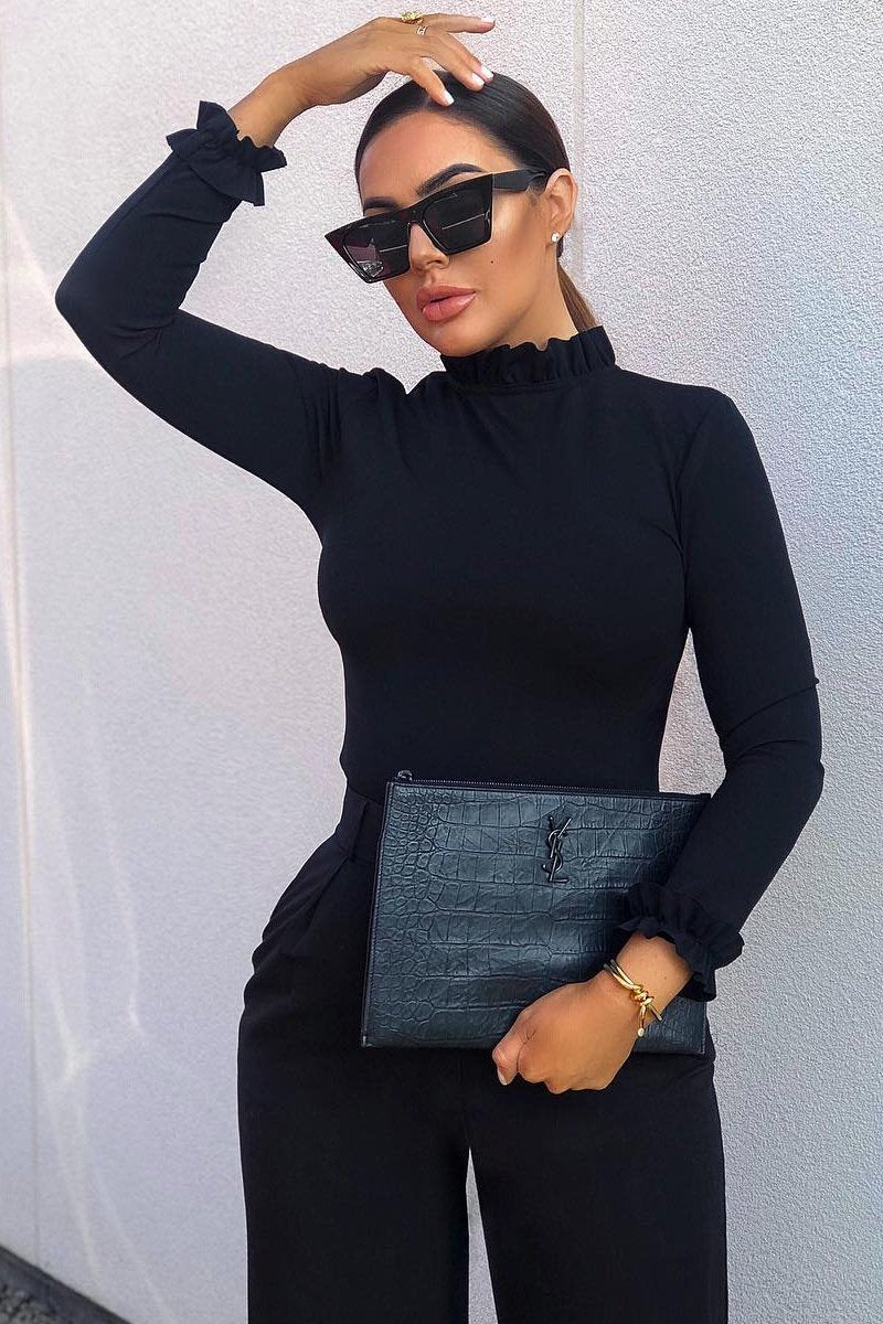 Black Ruffle Neck Bodysuit - Trudy-Bodysuits