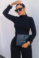 Black Ruffle Neck Bodysuit - Trudy-Bodysuits