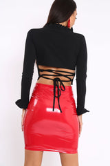 Black Ruffle Neck Lace Up Back Crop Top - Lindsey-Crop Tops