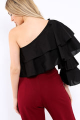 Black Ruffle One Sleeve Top - Sierra-Tops