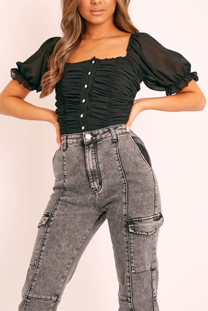 Black Ruffle Pearl Button Crop Top - Stefani-Crop Tops