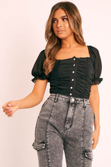 Black Ruffle Pearl Button Crop Top - Stefani-Crop Tops