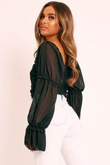 Black Ruffle Pearl Button Long Sleeve Crop Top - Demi-Tops