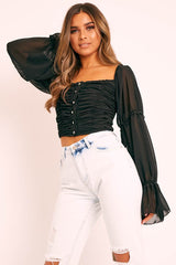 Black Ruffle Pearl Button Long Sleeve Crop Top - Demi-Tops