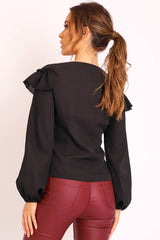 Black Ruffle Plunge Blouse - Leonie-Blouse
