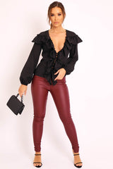 Black Ruffle Plunge Blouse - Leonie-Blouse