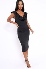 Black Ruffle Plunge Neck Dress - Damara-Dresses