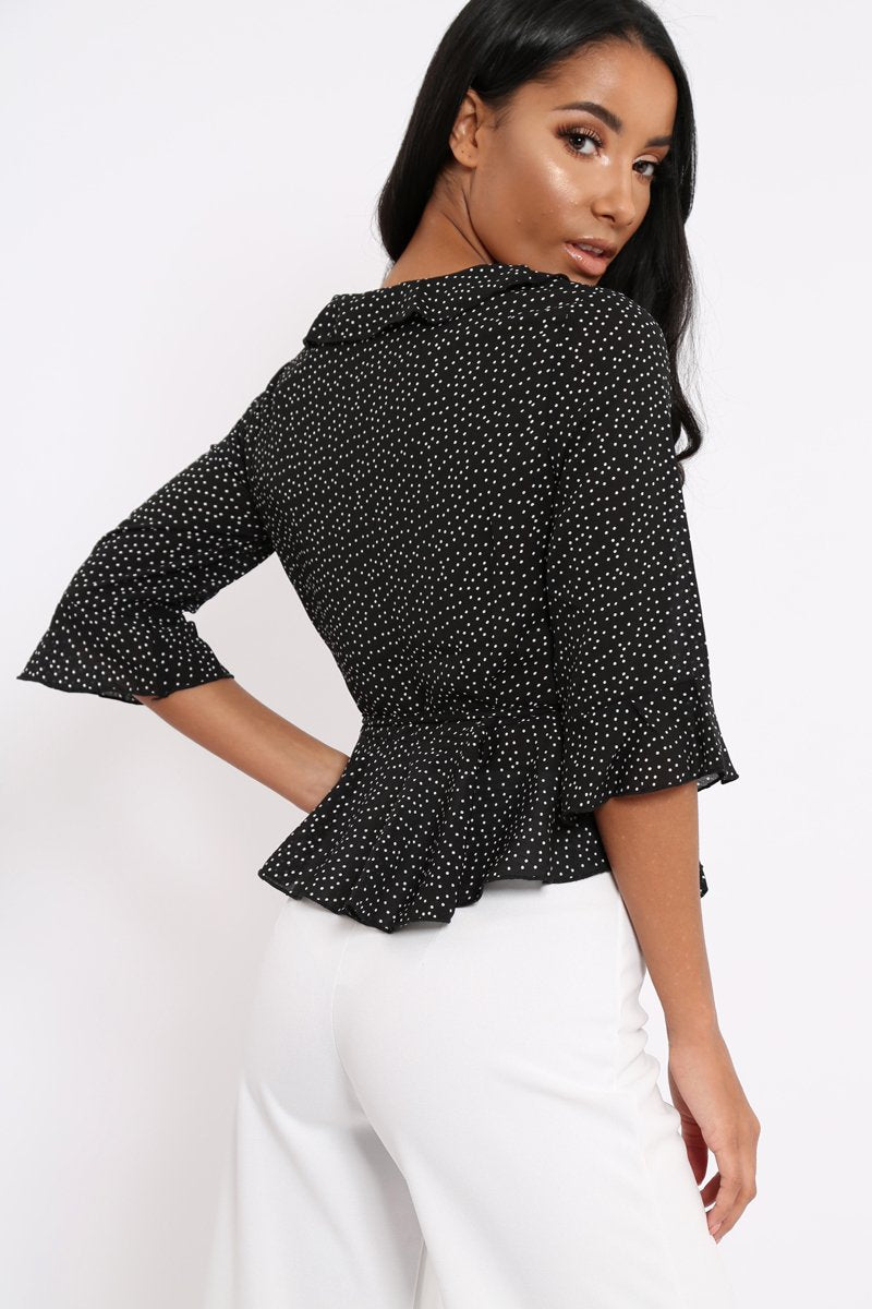 Black Ruffle Polka Dot Blouse - Cassie-Tops