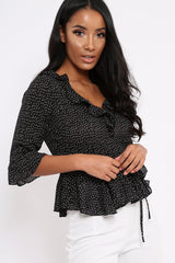 Black Ruffle Polka Dot Blouse - Cassie-Tops