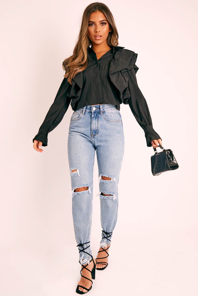 Black Ruffle Shoulder Cropped Shirt - Fiorella-Shirts