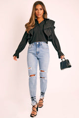 Black Ruffle Shoulder Cropped Shirt - Fiorella-Shirts
