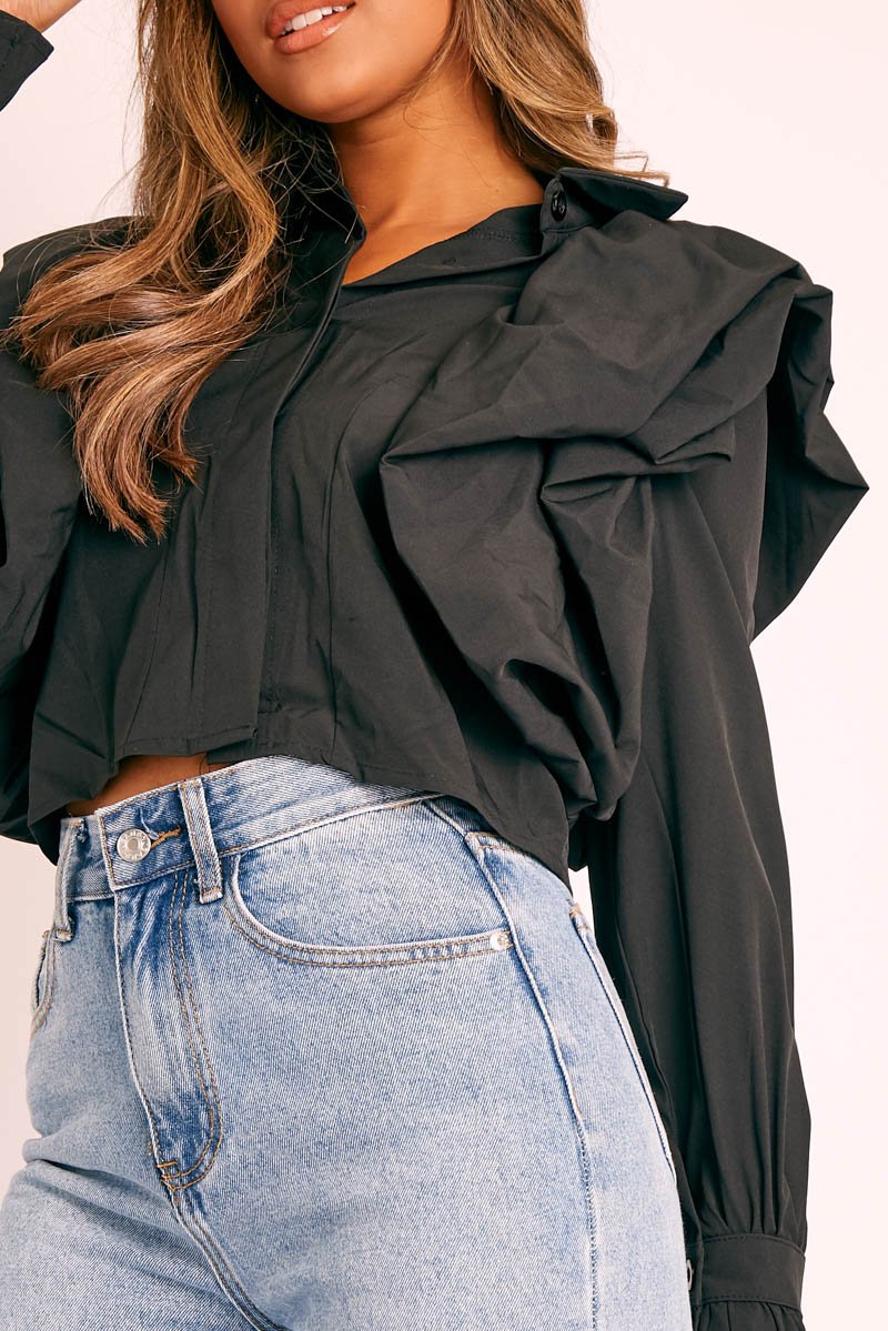 Black Ruffle Shoulder Cropped Shirt - Fiorella-Shirts