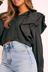 Black Ruffle Shoulder Cropped Shirt - Fiorella-Shirts