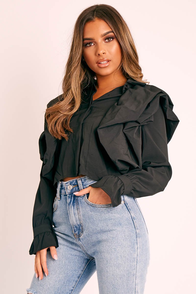 Black Ruffle Shoulder Cropped Shirt - Fiorella-Shirts