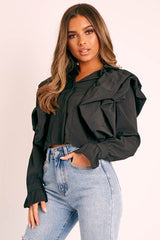 Black Ruffle Shoulder Cropped Shirt - Fiorella-Shirts