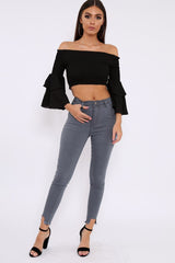 Black Ruffle Sleeve Shirred Bardot Cropped Top - Henryetta-Tops