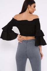 Black Ruffle Sleeve Shirred Bardot Cropped Top - Henryetta-Tops