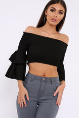Black Ruffle Sleeve Shirred Bardot Cropped Top - Henryetta-Tops