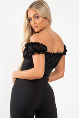 Black Ruffle Tie Front Bardot Crop Top - Pandora-Crop Tops