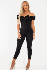 Black Ruffle Tie Front Bardot Crop Top - Pandora-Crop Tops