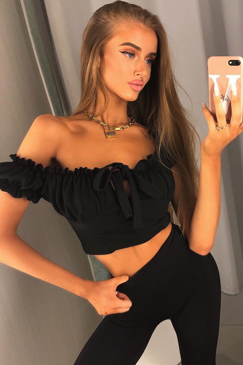 Black Ruffle Tie Front Bardot Crop Top - Pandora-Crop Tops