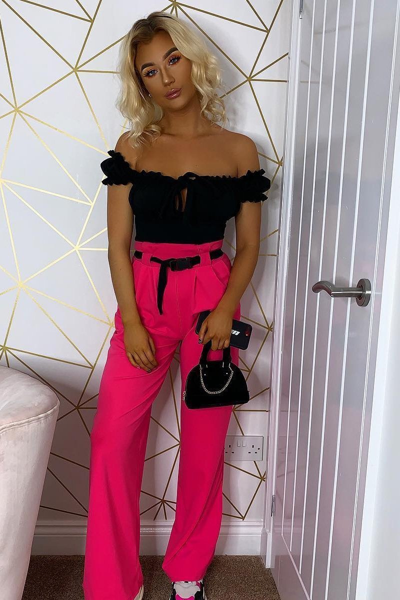 Black Ruffle Tie Front Bardot Crop Top - Pandora-Crop Tops