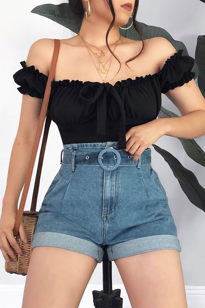 Black Ruffle Tie Front Bardot Crop Top - Pandora-Crop Tops